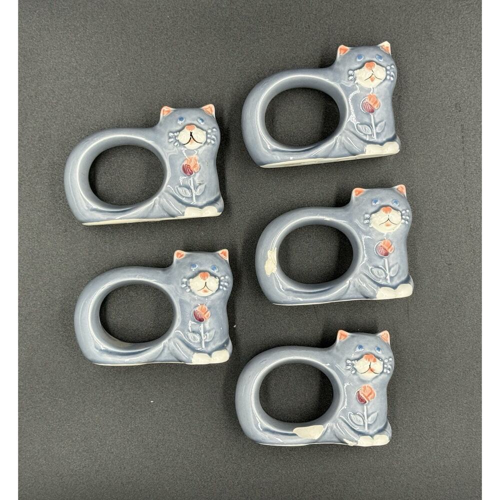 Vintage Ceramic Cat Napkin Rings Set of 5 Light Blue Hand-Painted Table Décor